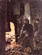 Adolph von Menzel Self-Portrait with Worker near the Steam-hammer oil painting on canvas